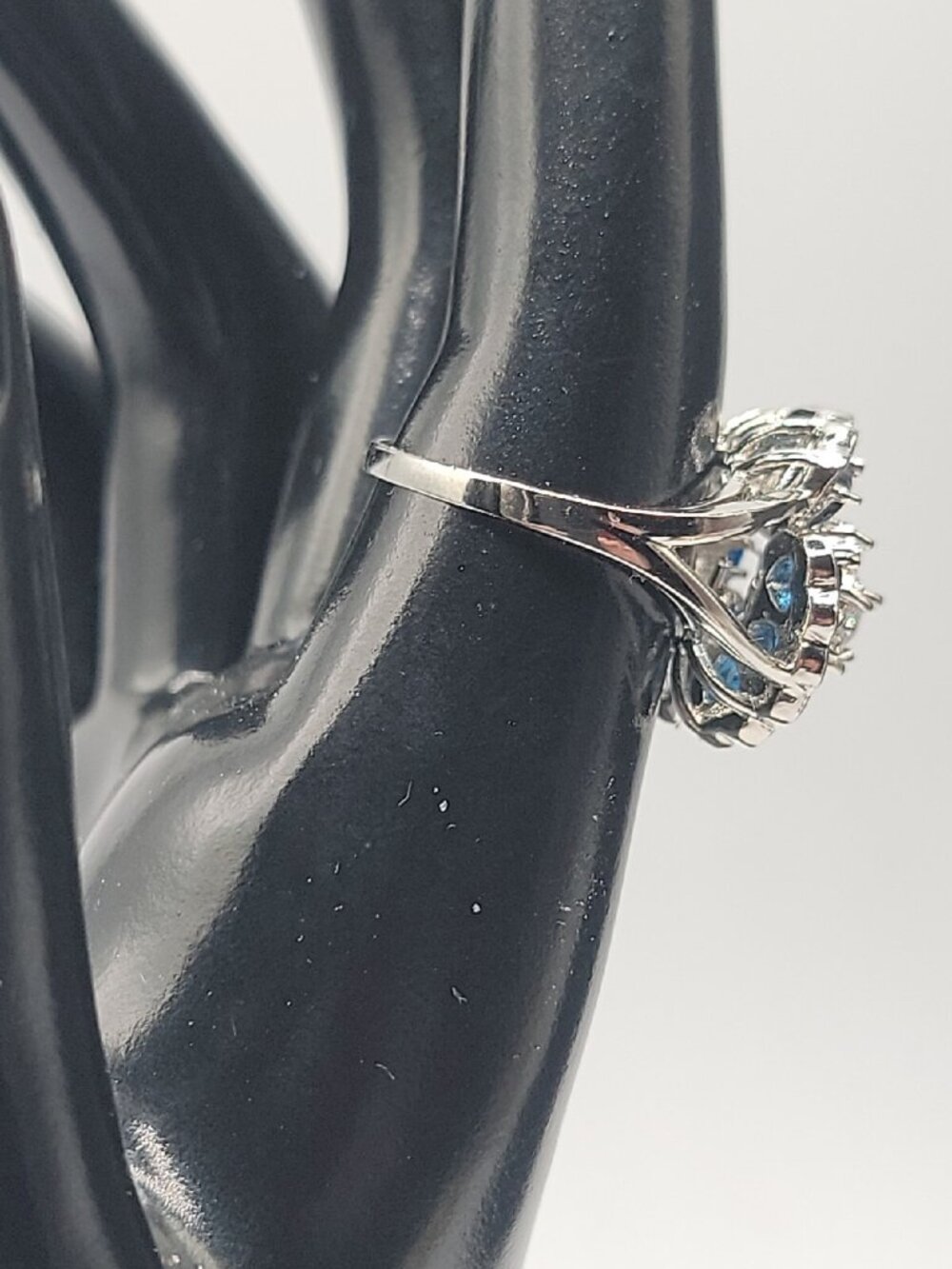 Sterling Silver Crystal Flower Ring Blue Clear Stones 925 Ruffled Petals SZ 9 - Picture 13 of 16
